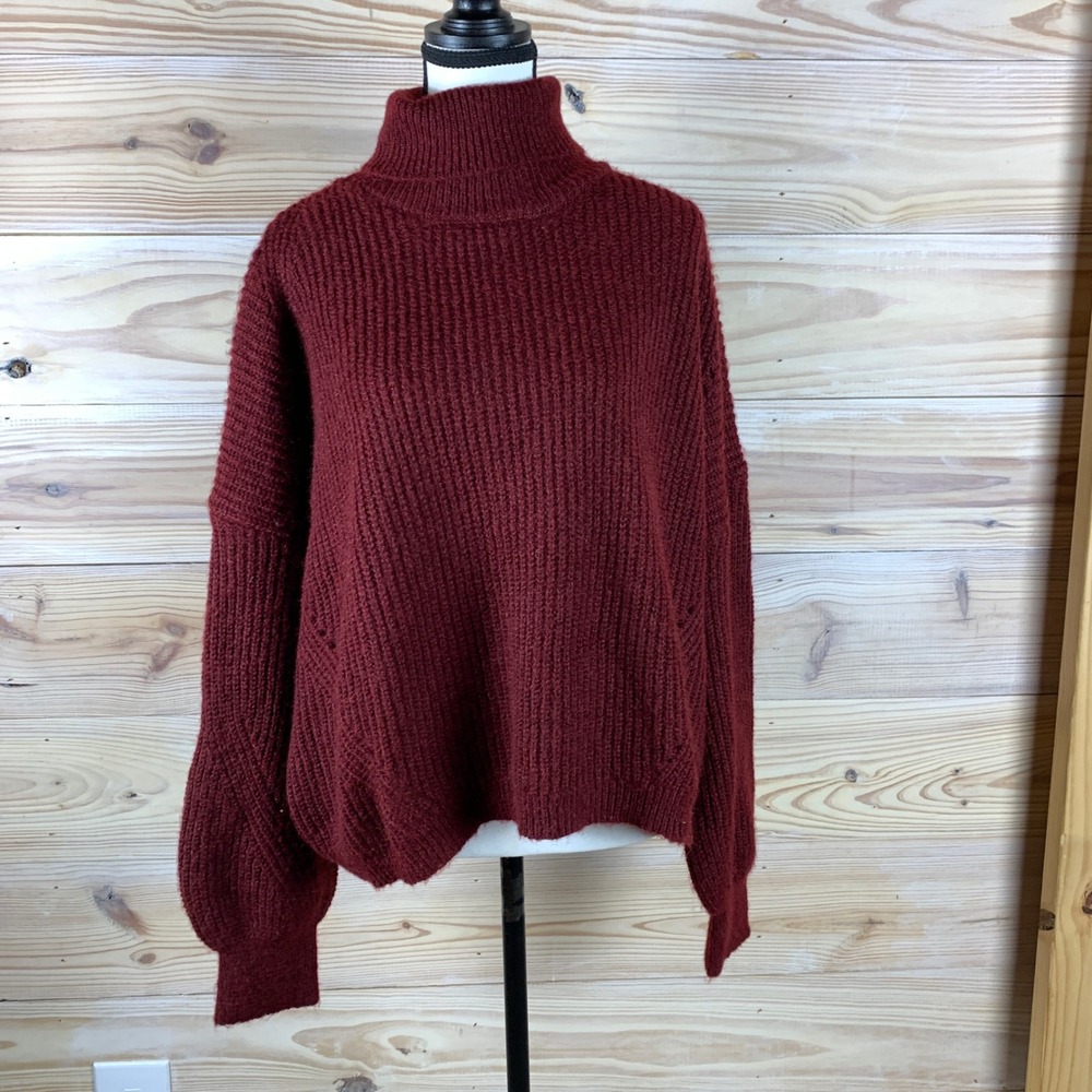 NY&C Turtleneck Sweater Womens XXL Burgundy Chunky Balloon Sleeve Rib Pullover